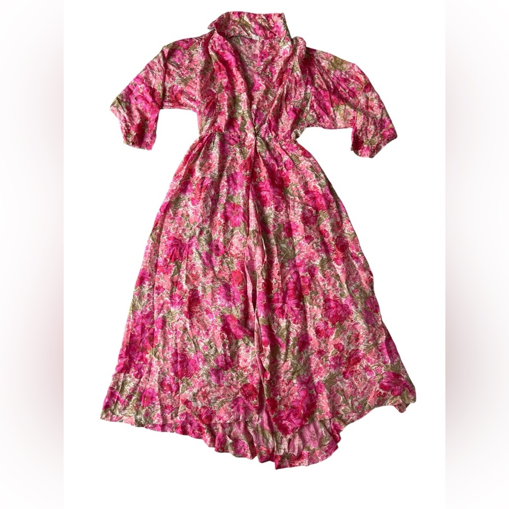 VINTAGE SILK FLORAL PINK FLOWY DRESS COVER UP WOMENS M/L
